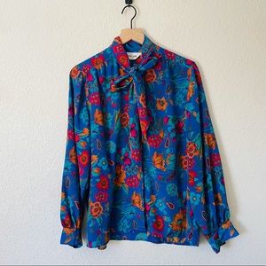 Vibrant Vintage Tie Neck Floral Cobalt Blouse